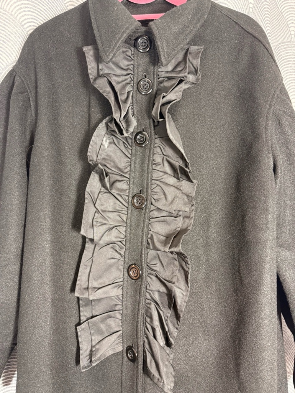 Black Long-Sleeve Ruffle-Front Coat - Picture 3 of 10